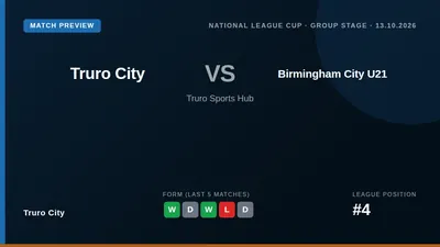 Truro City, sitting fourth in the National League South, welcome Birmingham City's U21 side to the Truro Sports Hub for a...